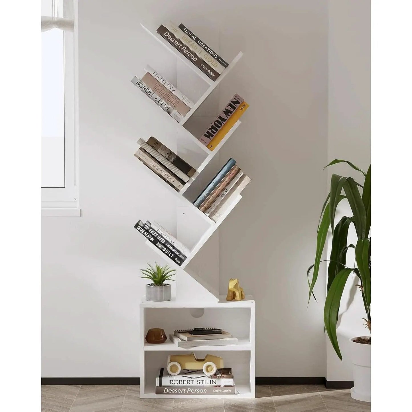6 Tier Tree Bookshelf Tall Bookcase With Storage Cabinet White from PriceLows™
