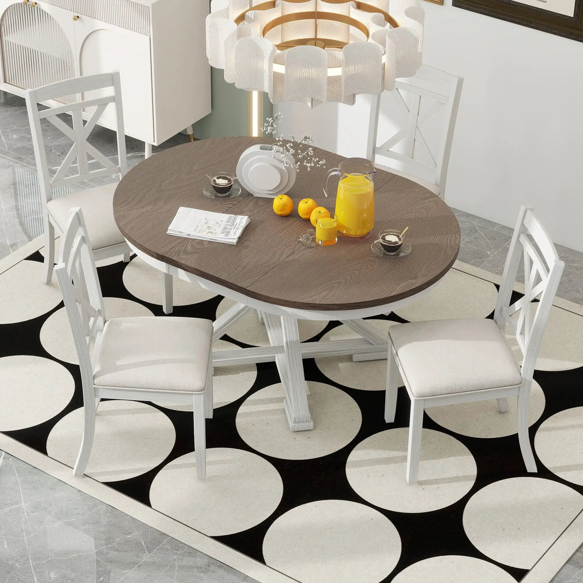 Dining Set | Extendable Round Table | 4 Upholstered Chairs | Linen