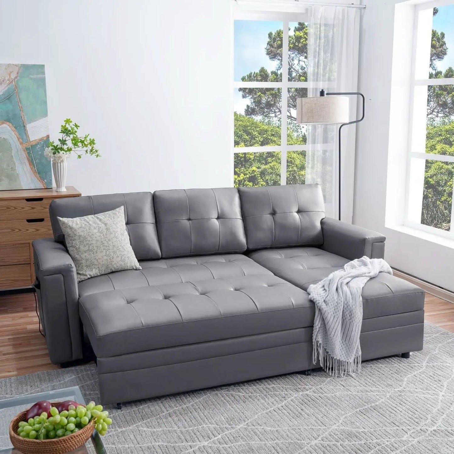 L Shaped Sectional Sleeper Sofa With USB Ports Gray Leather from PriceLows™