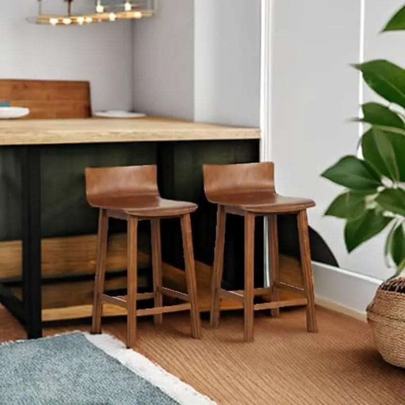 24.5 Inch Counter Height Farmhouse Wooden Bar Stool Set Of 2 With Brown Footrest And Low Back from PriceLows™