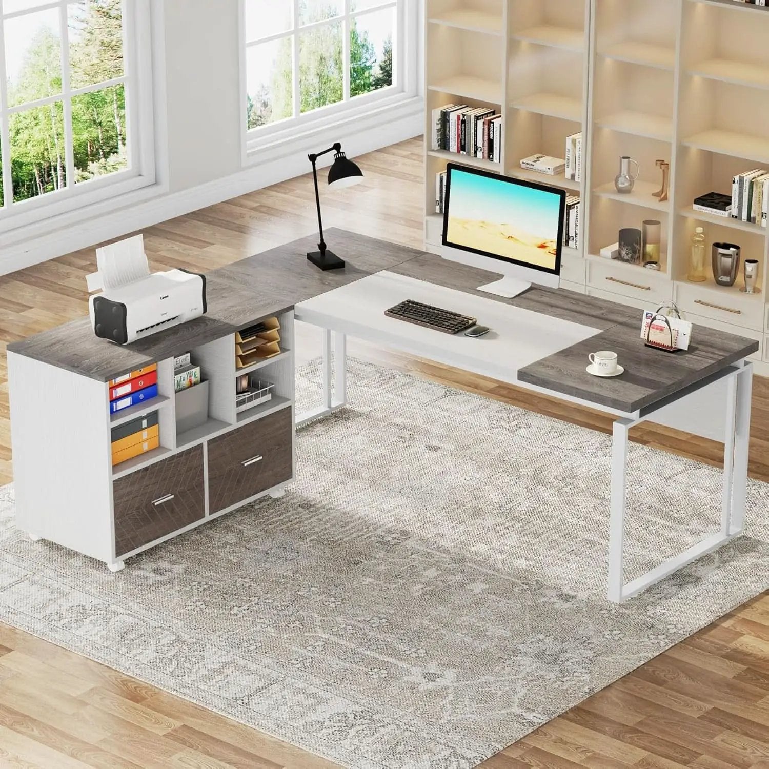 63 Inch L Shaped Desk Gray White With Reversible File Cabinet from PriceLows™