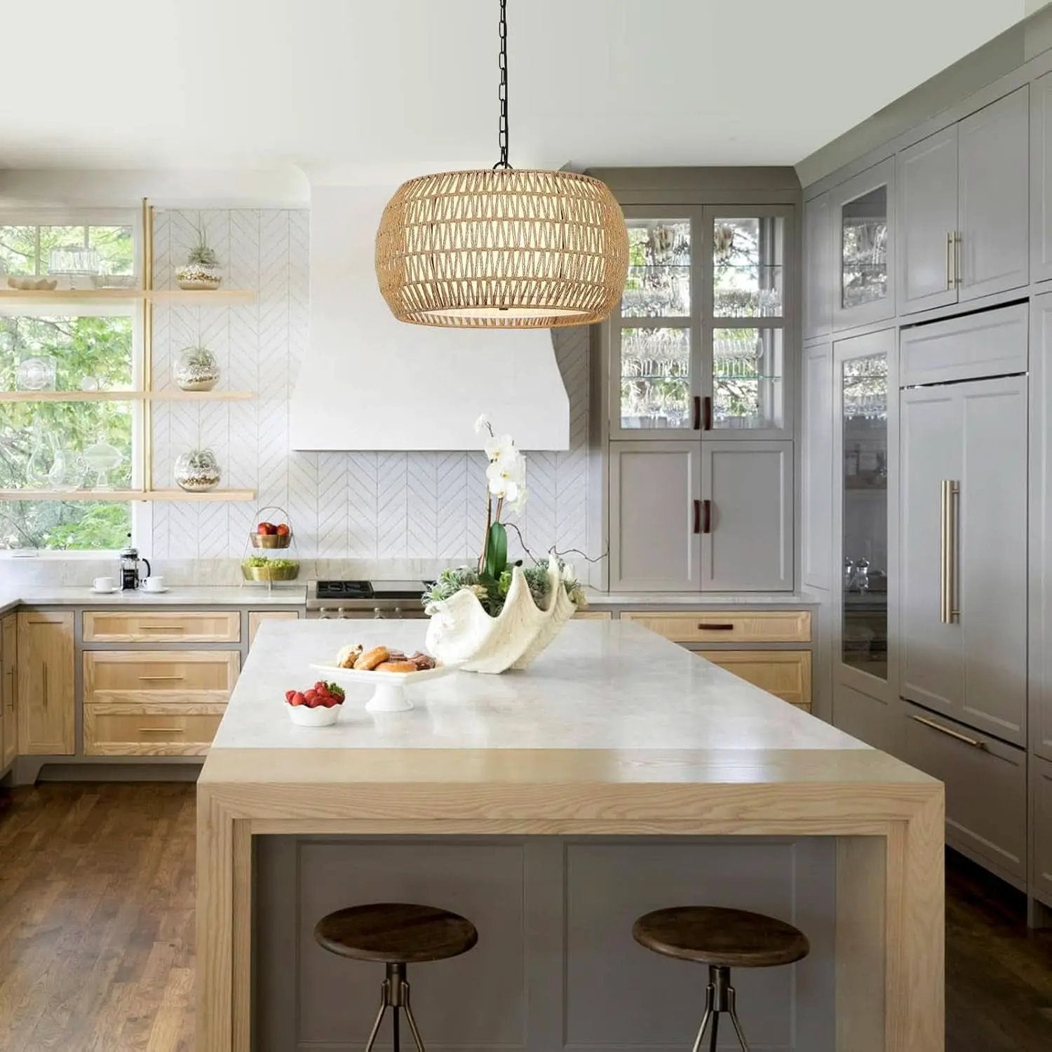 Rattan Farmhouse 5 Light Chandelier With Fabric Shade from PriceLows™