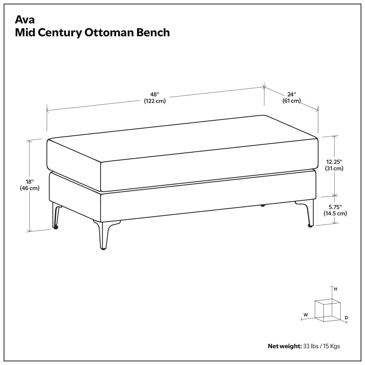 Ava Mid Century Ottoman | Performance Fabric | 100% Recycled Material | 36 Inch Width