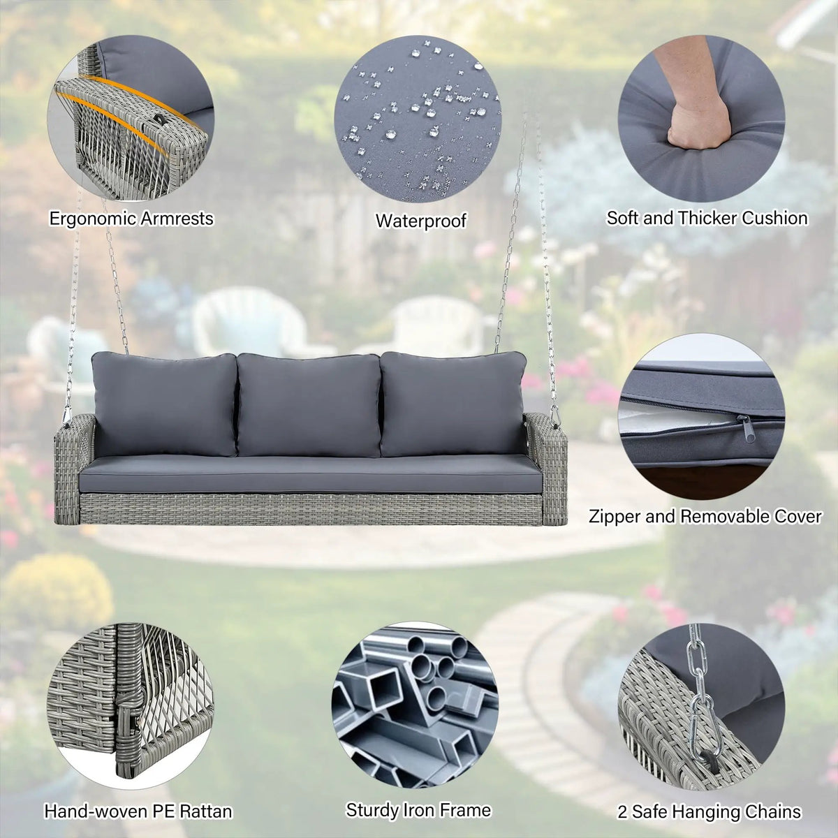 3 Person Patio Swing Bench | Hand-Woven PE Rattan | Cushions Included | Double-Strand Weave