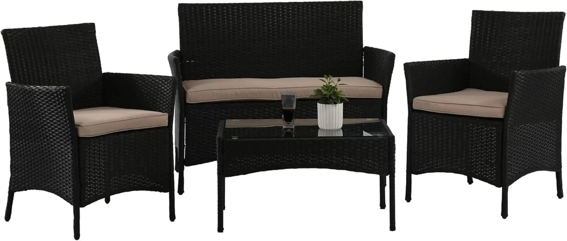 4 Piece Rattan Patio Set With Glass Table Black Cushions from PriceLows™