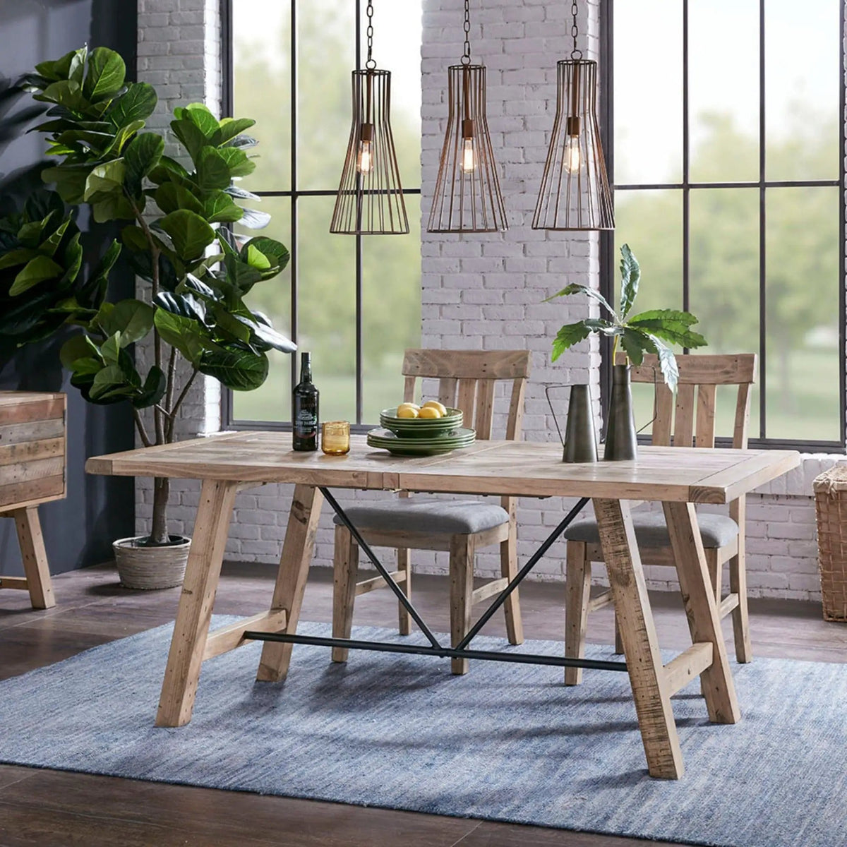 Rustic Dining Table With Metal Support - | 36 x 72 x 30 in | Pine Wood & Metal | Natural