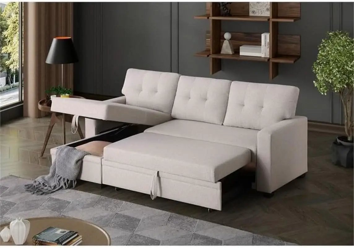 Beige L Shaped Convertible Sleeper Sectional Couch from PriceLows™