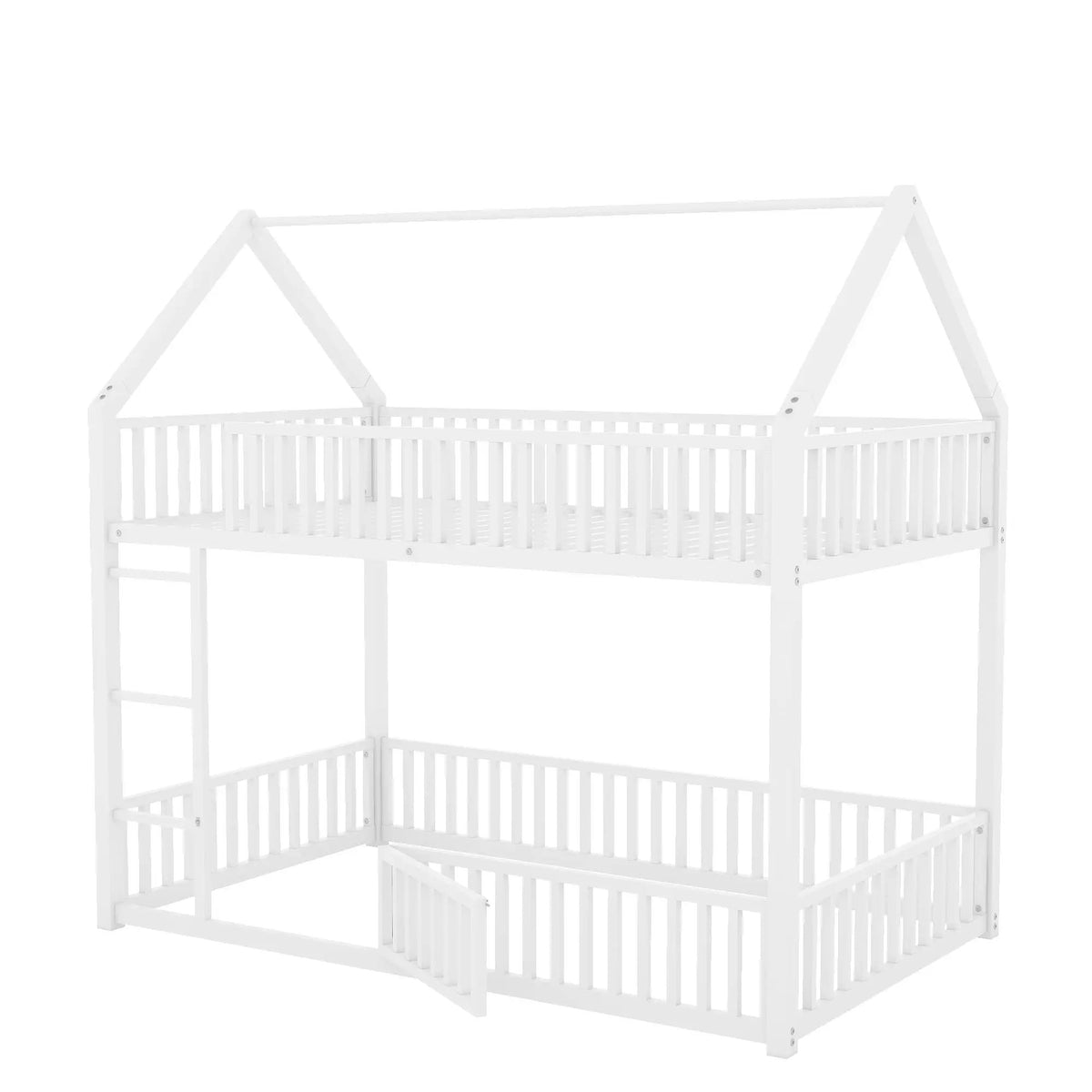 Metal House Bunk Bed | Twin Size | With Fence and Built-In Door