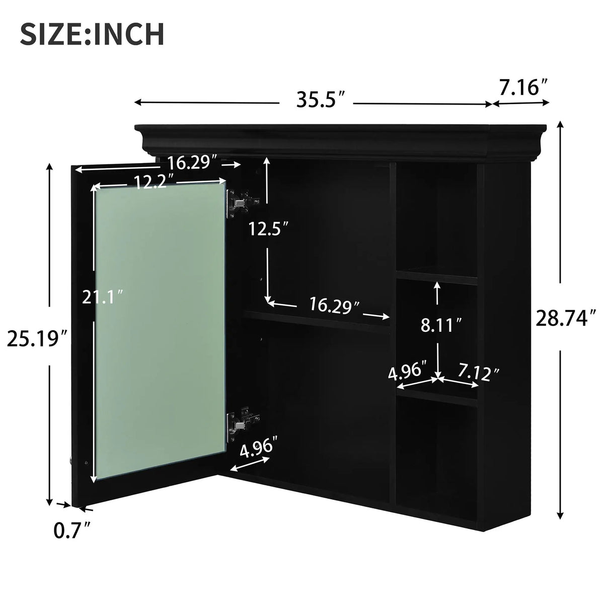 Wall Mounted Bathroom Storage Cabinet | Mirror Door | Silver Metal Handles | Open Shelves