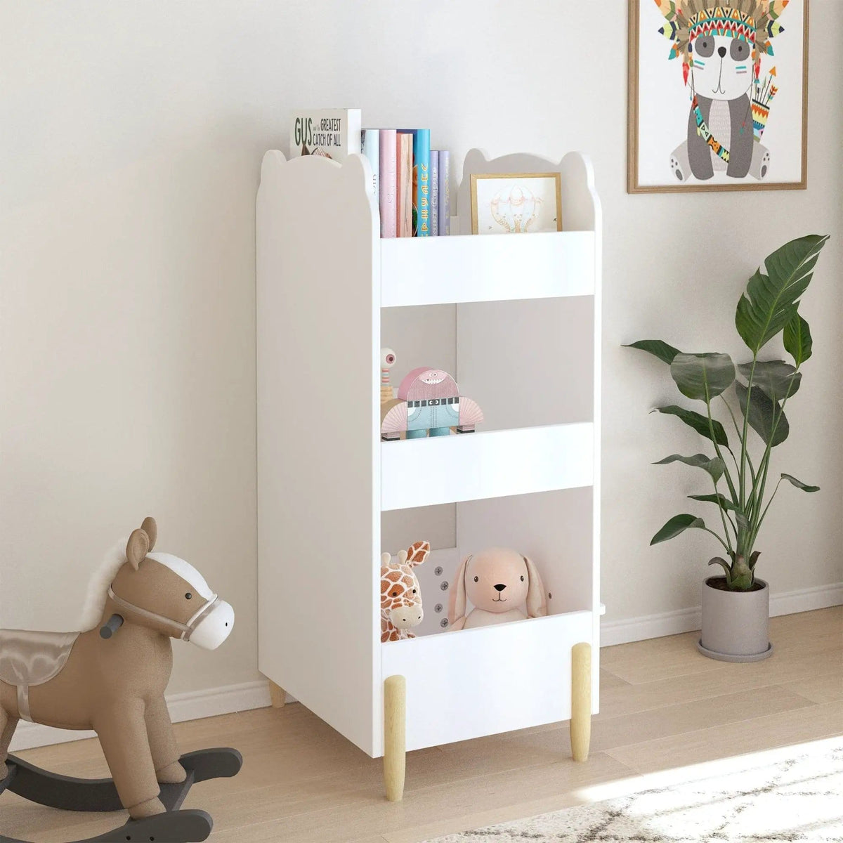 Bear Shaped Bookshelf With Chalkboard Side, 3 Tier Storage Organizer For Playroom | 16.14 x 16.93 x 33.86 in | Wood | White