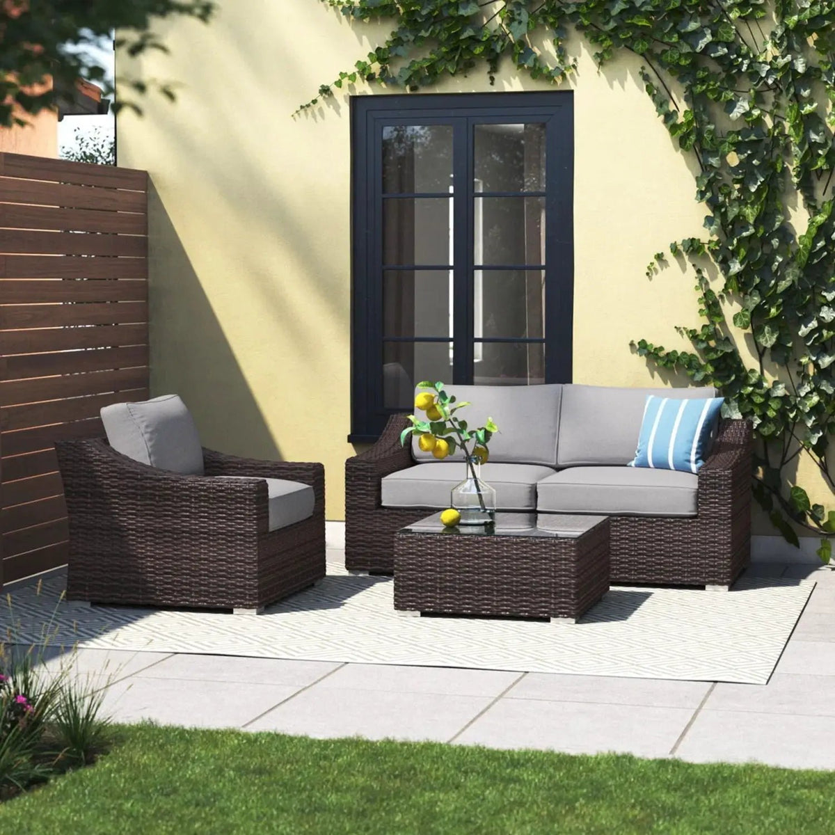 Outdoor Wicker Conversation Set | All-Weather Resin | Tempered Glass Table | 5 Inch Cushions