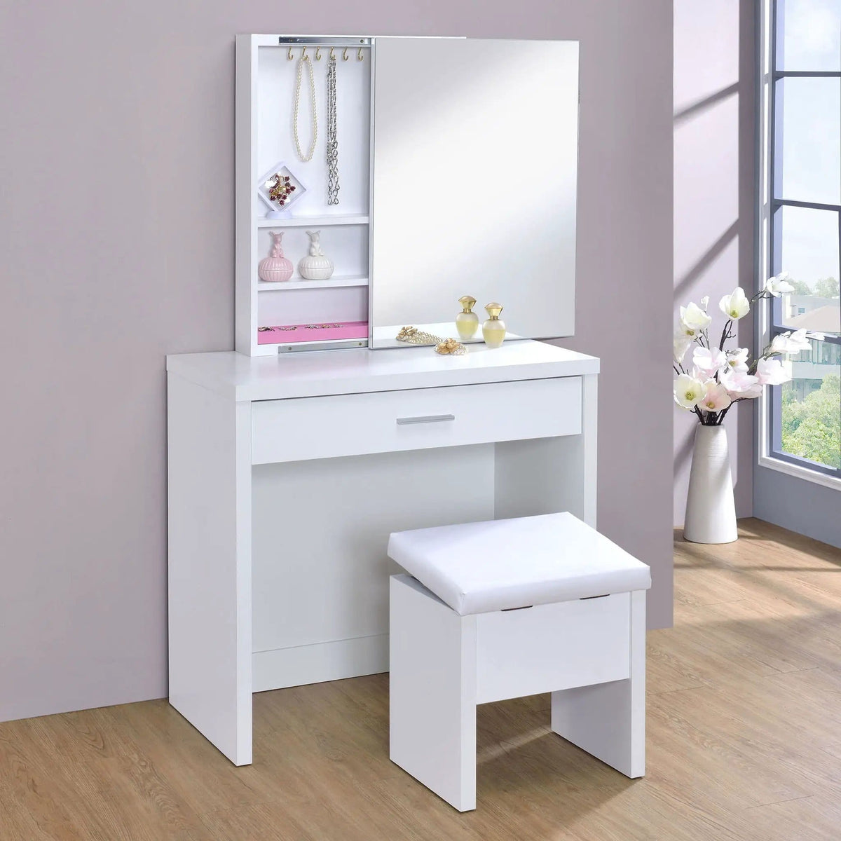 Harvey Vanity Set with Lift-Top Stool | 31.5 x 15.75 x 58.5 in | Bathroom Furniture | White
