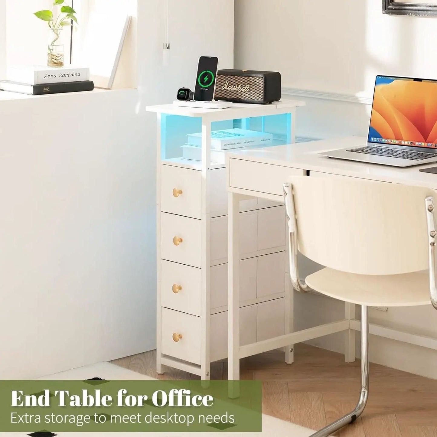 LED Narrow Nightstand With Wireless Charging White from PriceLows™