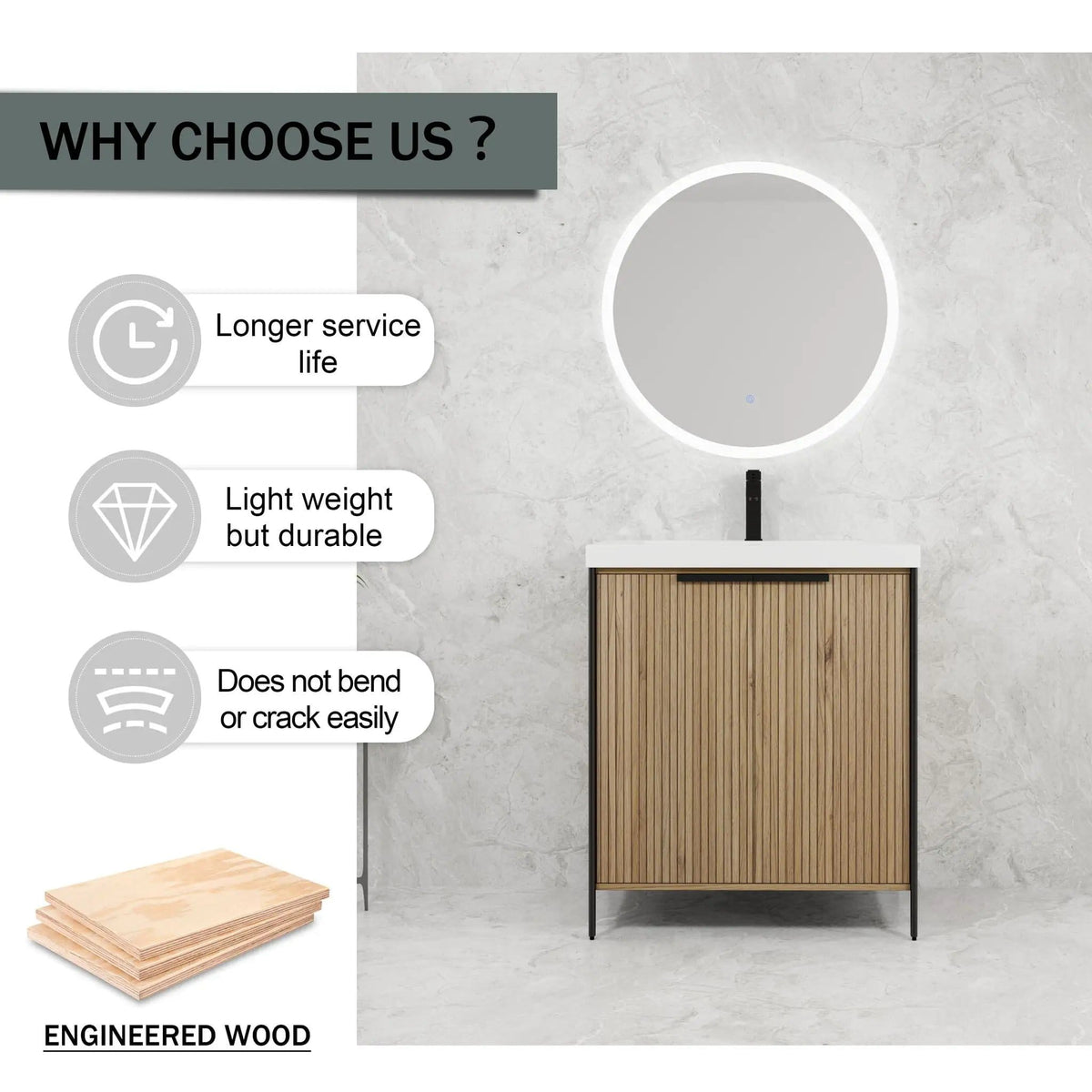 Modern Freestanding Bathroom Vanity With Resin Sink & Soft Close Cabinet Doors | 4 Pieces | Metal & Plywood | Bathroom