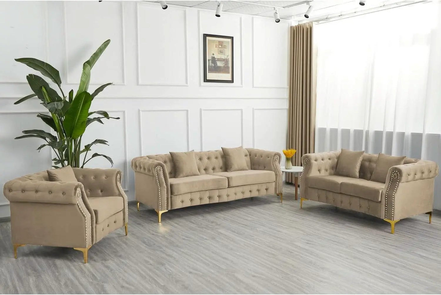 Three Piece Living Room Set Mid Century Sofa Armchair Loveseat Beige With Button Tufting And Nailhead Trim from PriceLows™