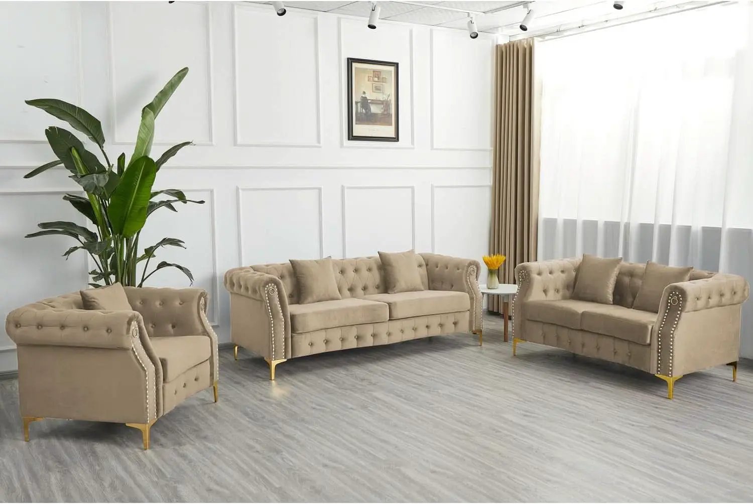 Three Piece Living Room Set Mid Century Sofa Armchair Loveseat Beige With Button Tufting And Nailhead Trim from PriceLows™