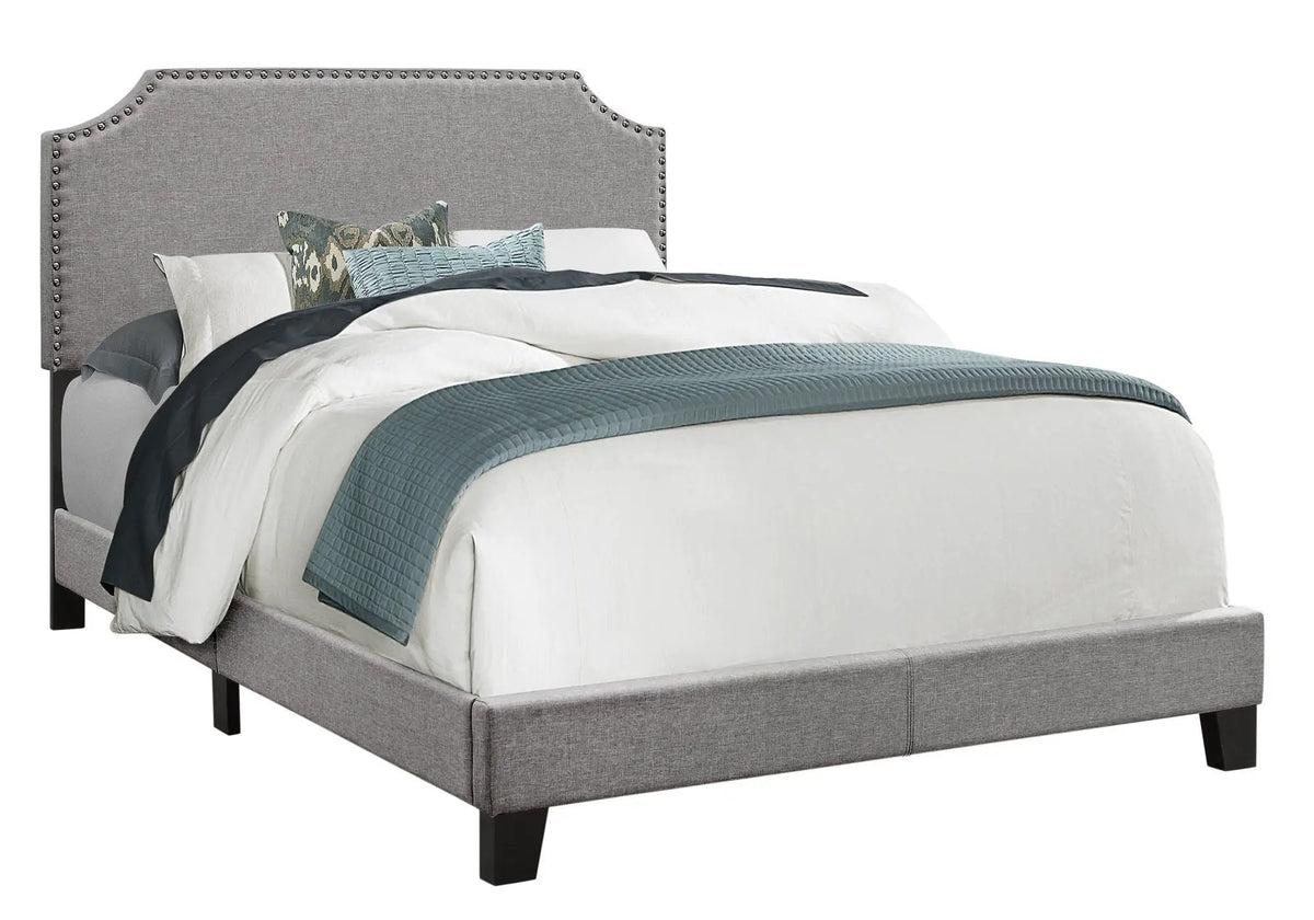 Upholstered Bed | Arched Cutout Headboard | Nailhead Trim | Block Feet Transitional Style