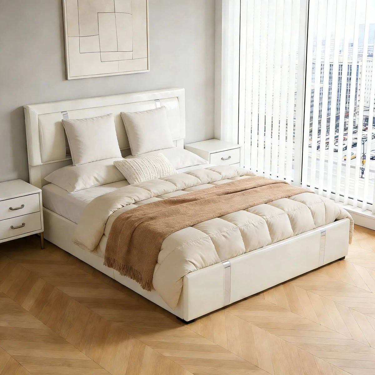 Upholstered Platform Bed Frame | Adjustable LED Headboard | Hydraulic Lift
