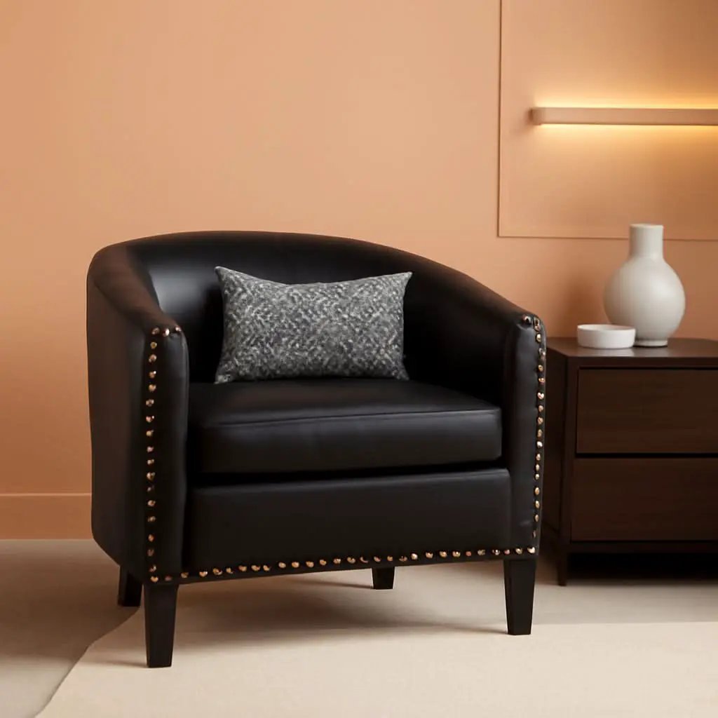 Espresso Brown Faux Leather Barrel Chair Nailhead Trim from PriceLows™