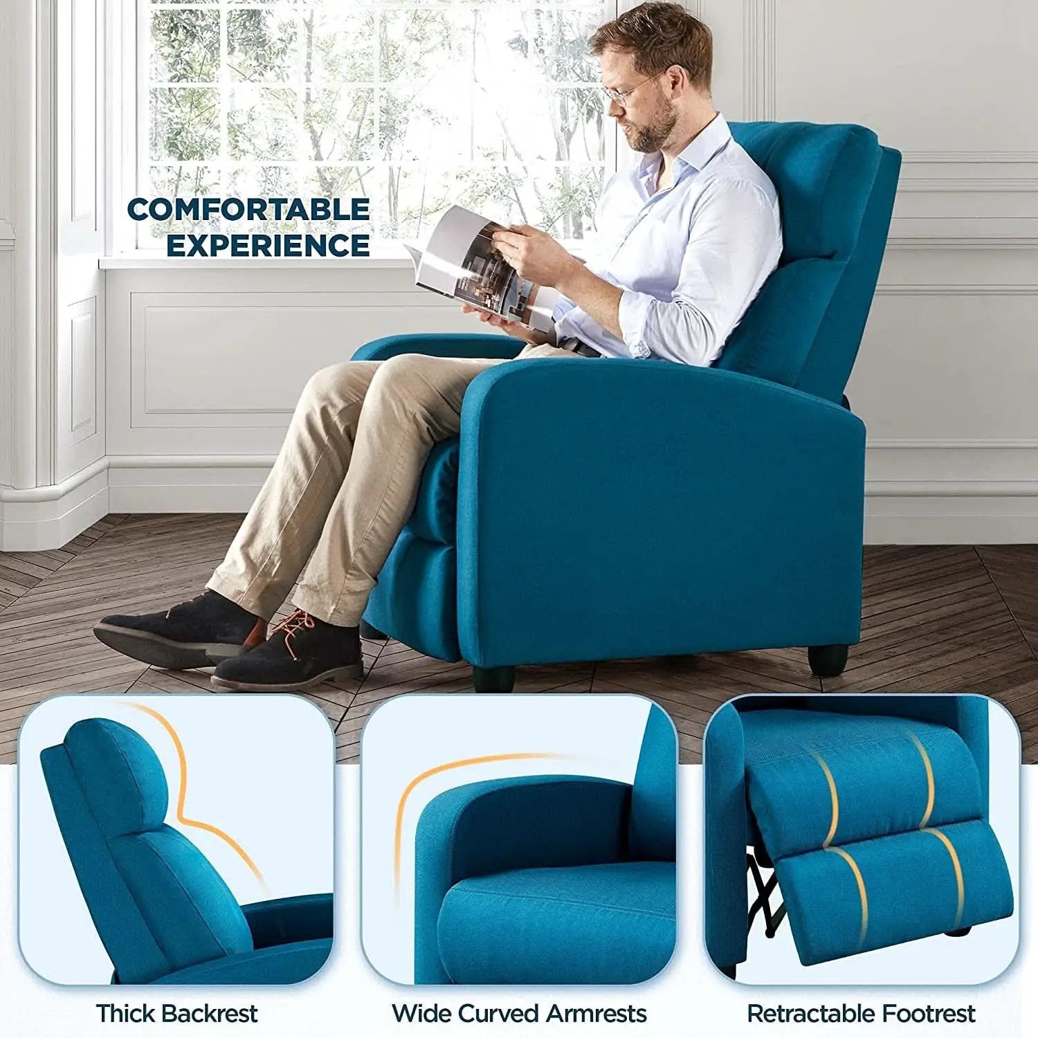 Blue Fabric Pushback Recliner Chair With Soft Armrests from PriceLows™