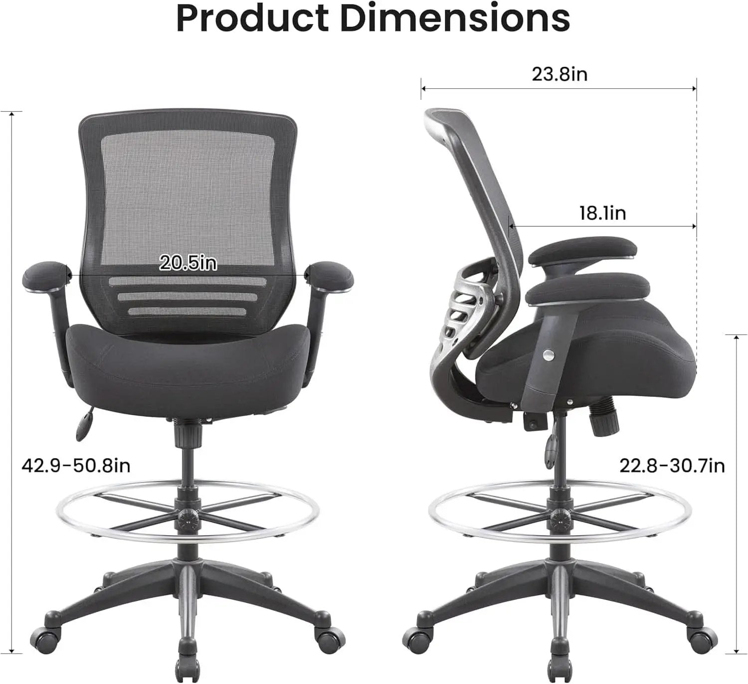 Black Mesh Ergonomic Drafting Chair With Height Adjustable Armrests from PriceLows™