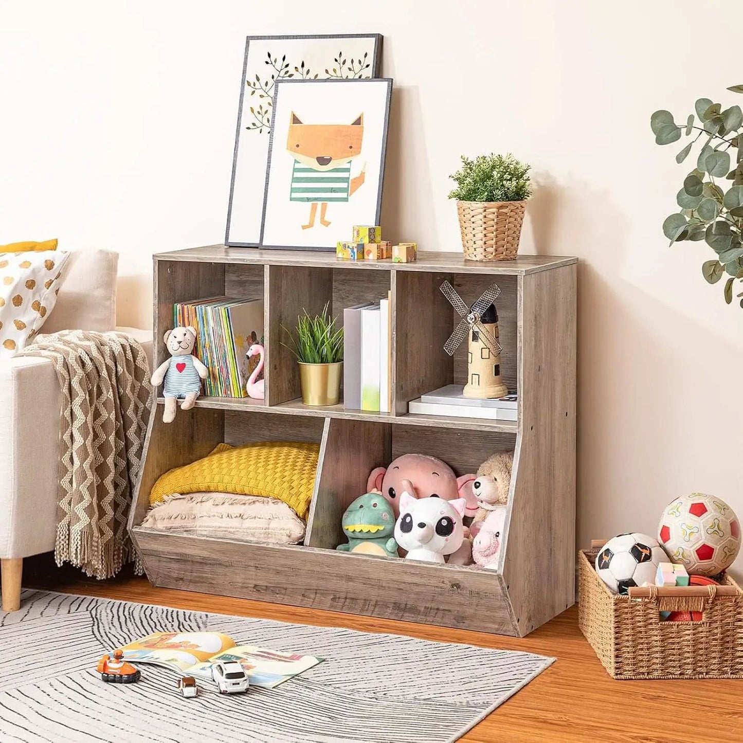 Kids Bookshelf Toy Storage Cabinet 35 Inch Long Greige from PriceLows™