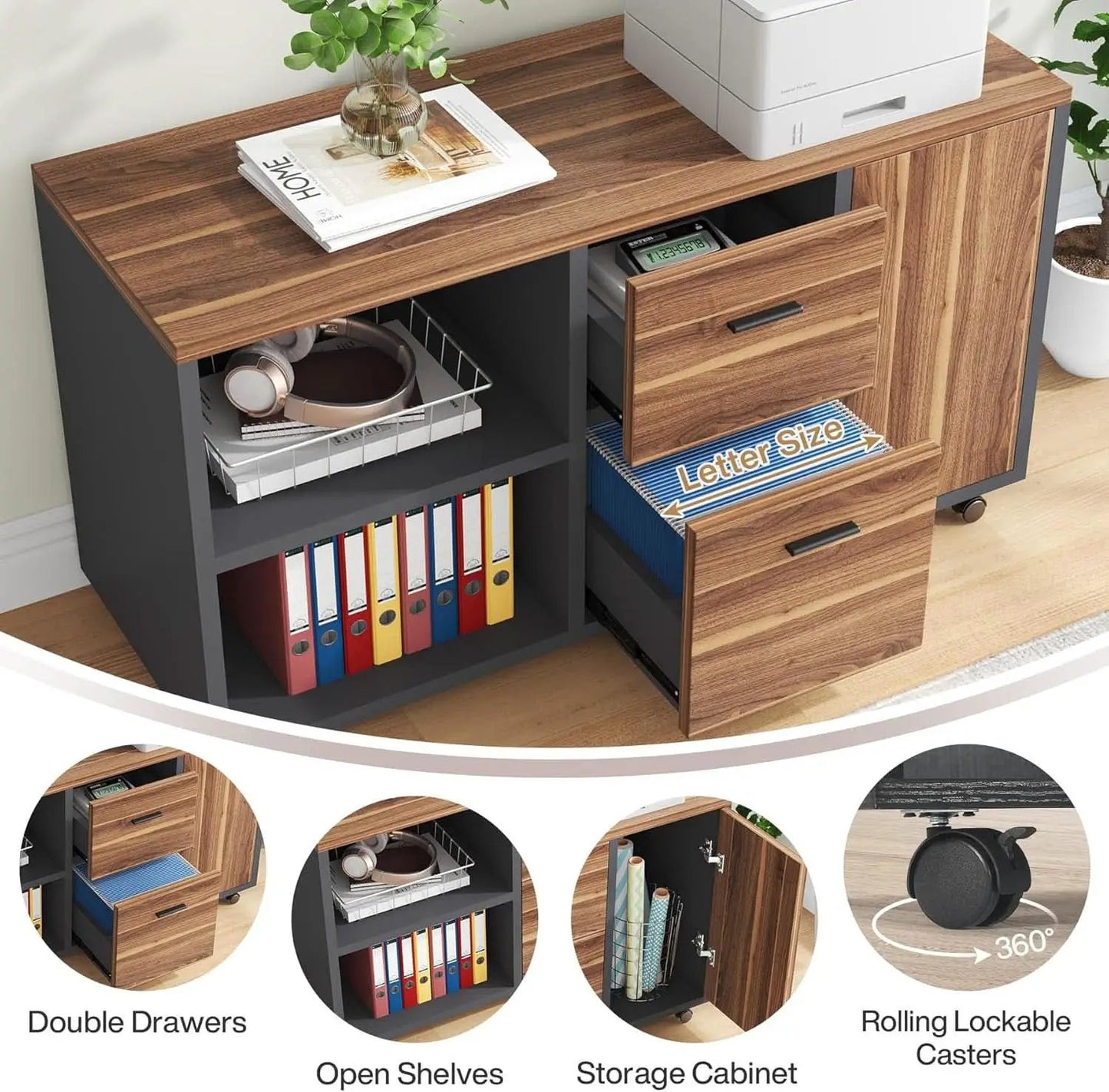 71 Inch Walnut Executive L Shaped Desk With File Cabinet from PriceLows™