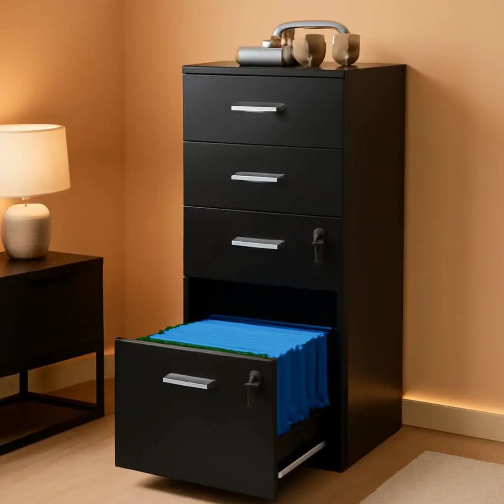4 Drawer Locking File Cabinet For A4 And Letter Files Black Wood from PriceLows™