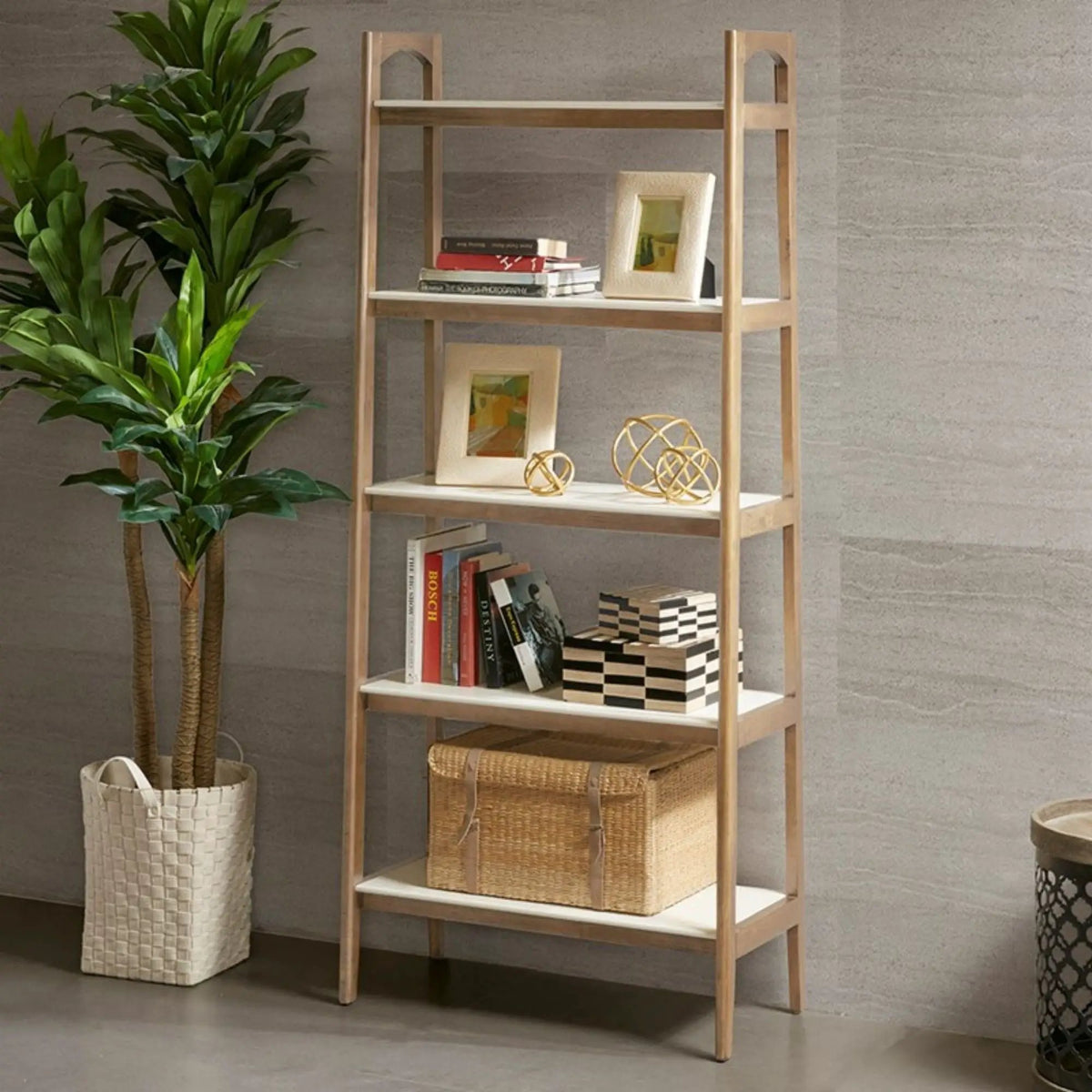 Parker Ladder Bookcase | 5 Shelves | Off White And Natural | Mid-Century Design