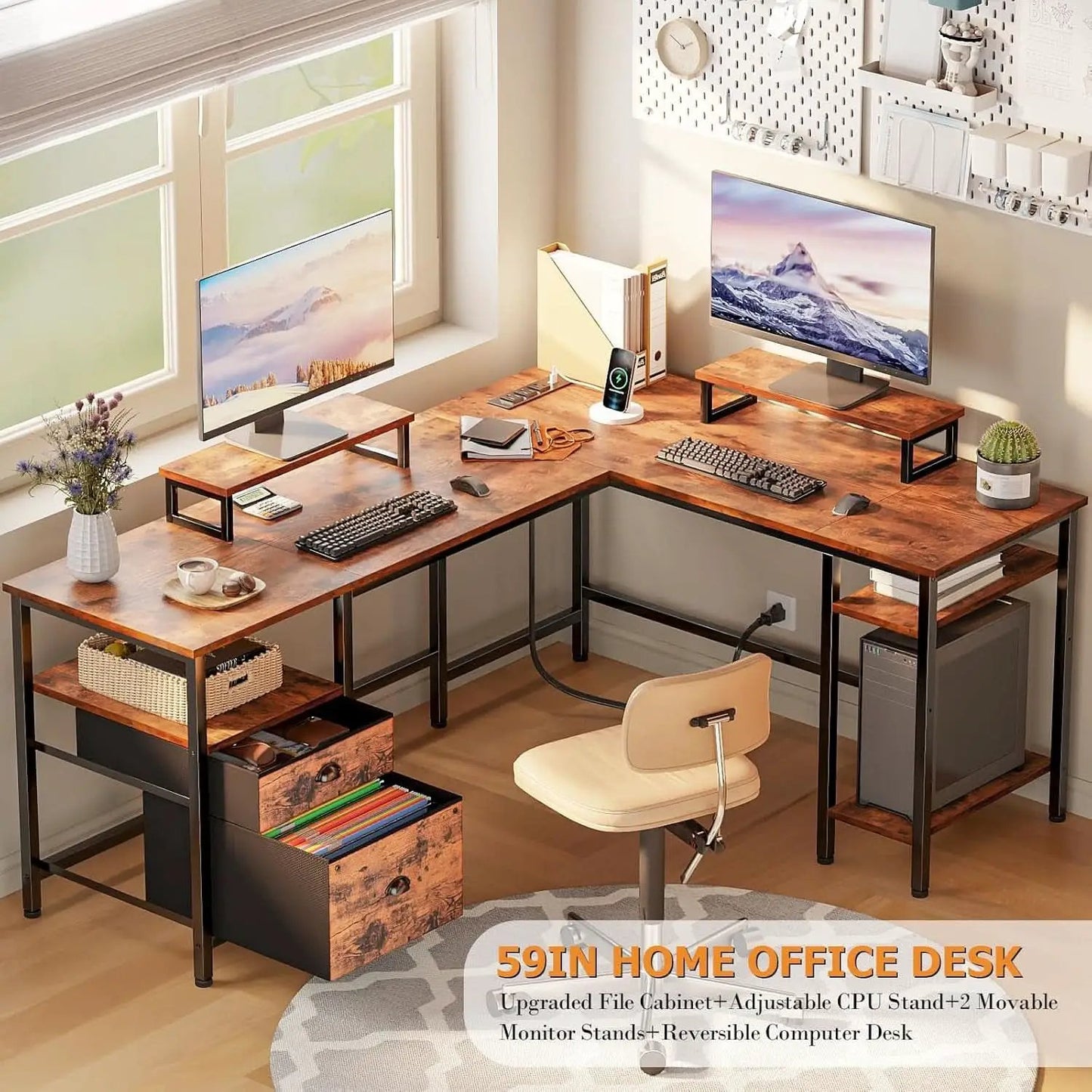 Fifty Nine Inch L Shaped Desk With Power Outlet And Storage Shelves from PriceLows™