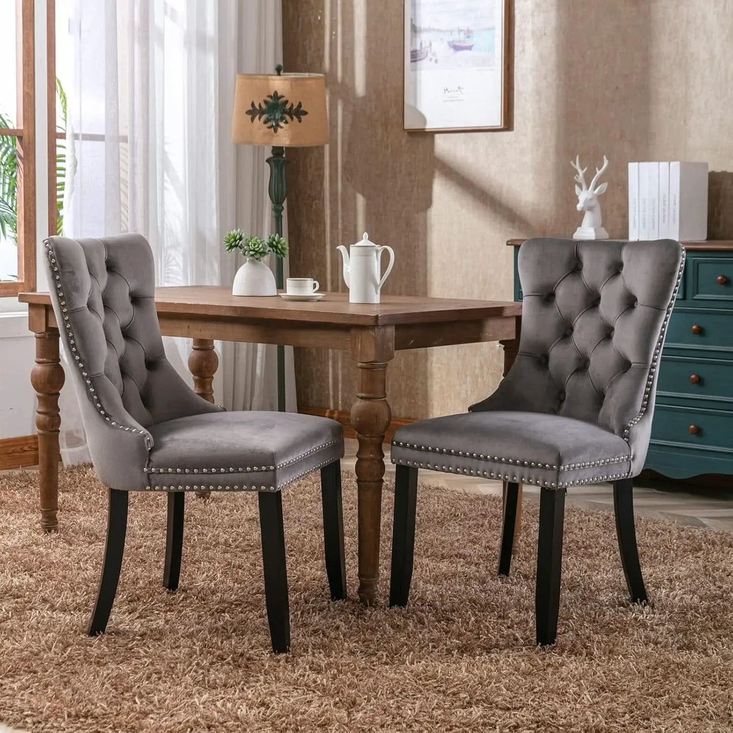 Grey Velvet Tufted Dining Chairs 4 Pack With Nailhead Trim from PriceLows™