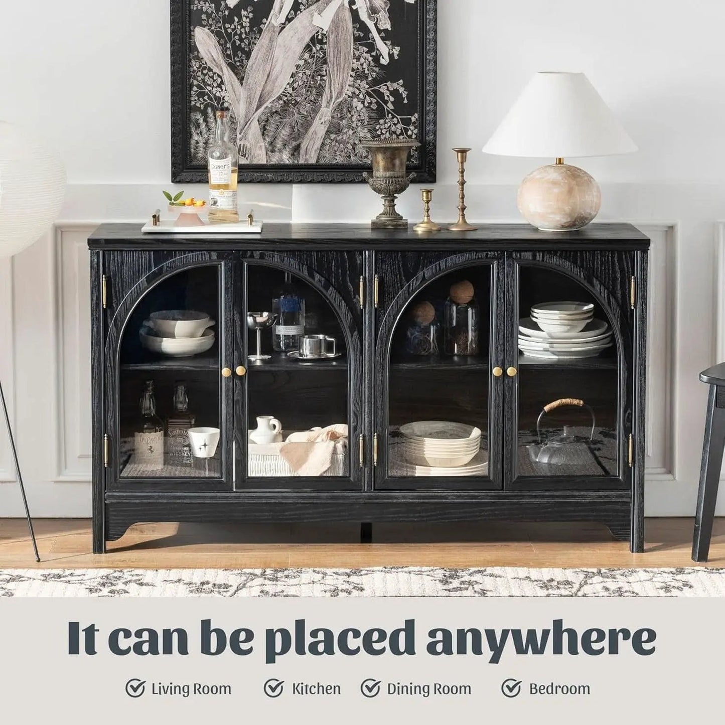 55 Inch Solid Wood Buffet Cabinet Farmhouse Sideboard Black from PriceLows™