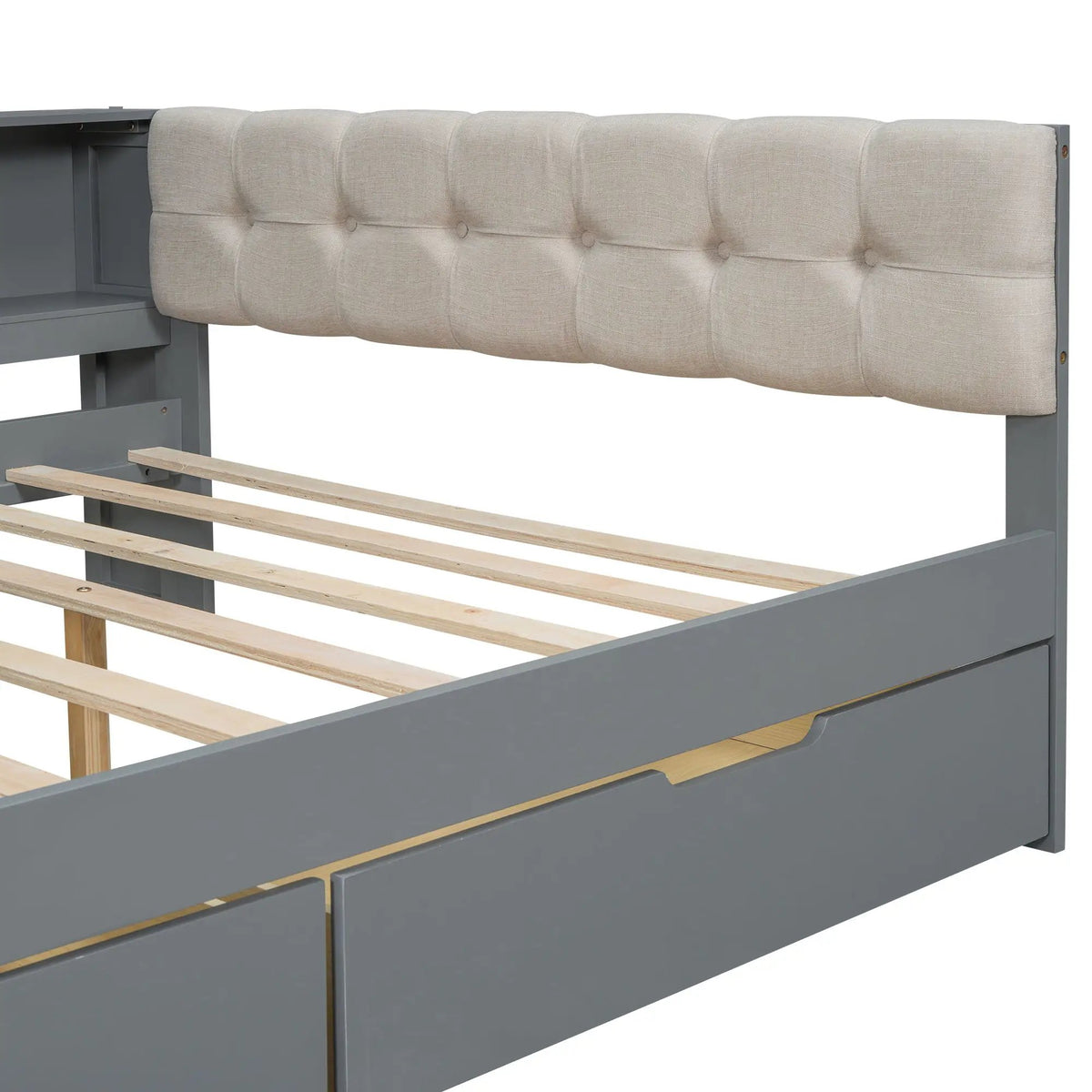 Upholstered Headboard Platform Bed | Storage Shelves | Two Drawers | Charging Station