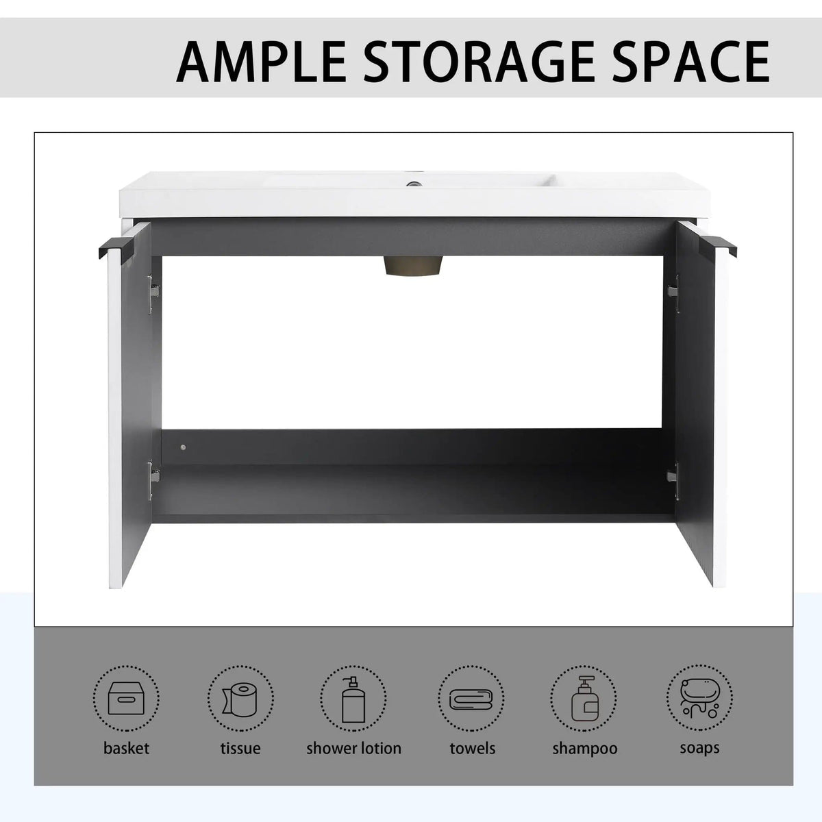 Contemporary Wall Mounted Bathroom Vanity With Resin Double Sink | 6 Pieces | Metal & Plywood | Bathroom