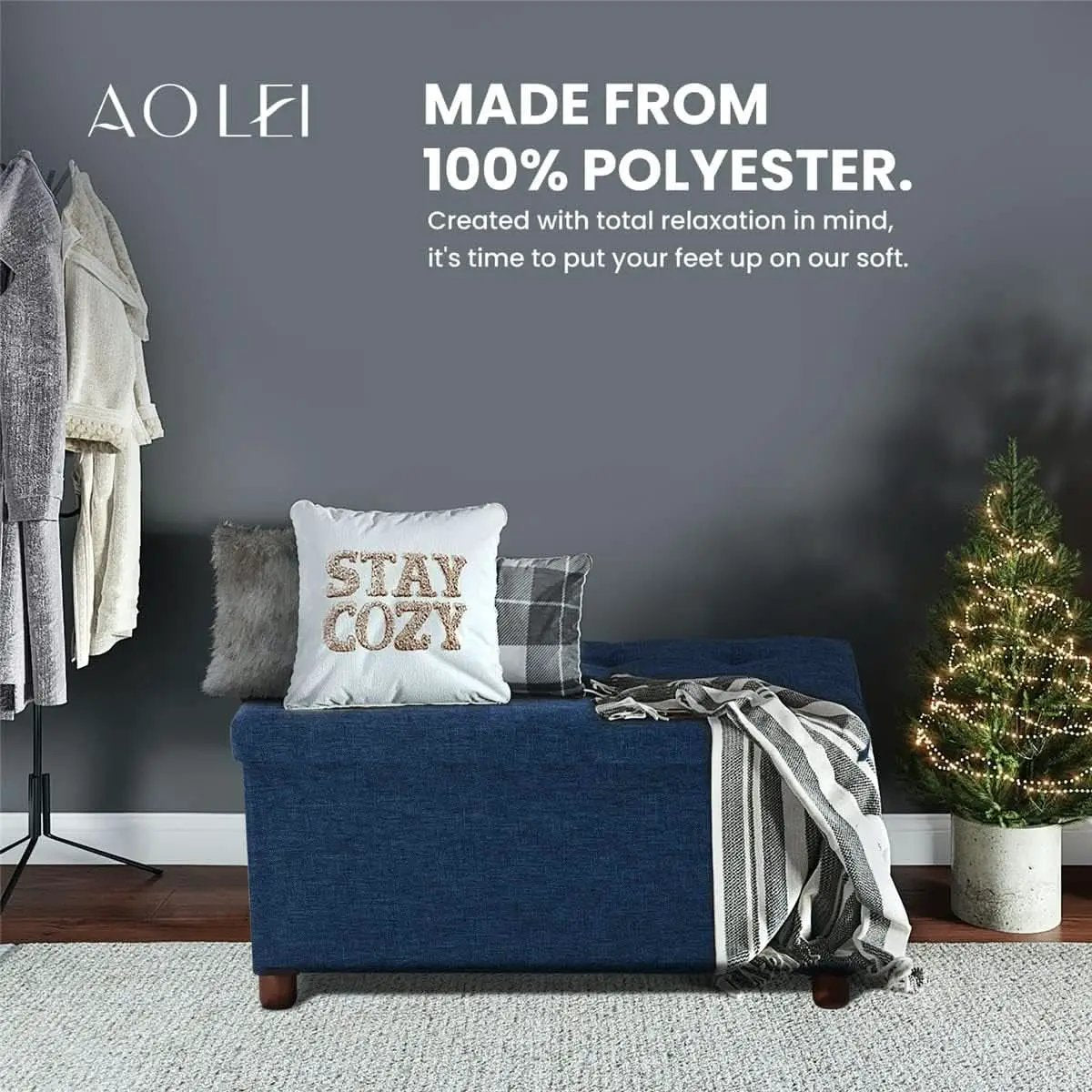 Blue Linen 30-Inch Storage Ottoman Bench Removable Lid from PriceLows™