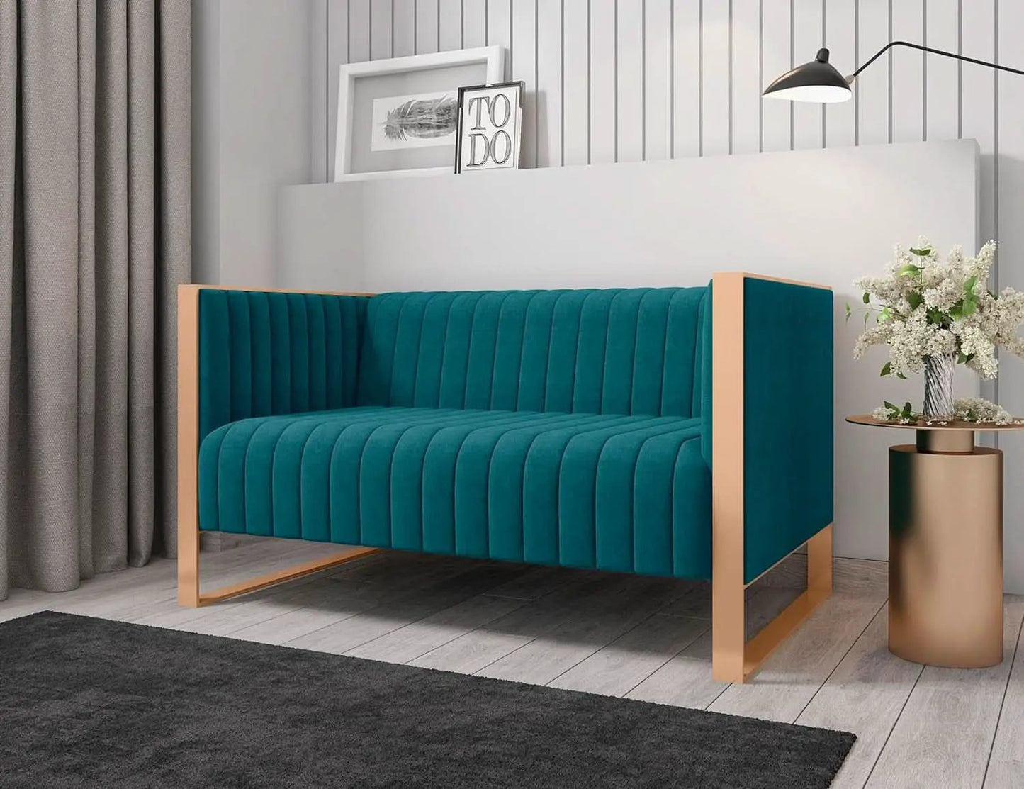 57 Inch Teal Velvet Loveseat For Living Room High Density Foam from PriceLows™