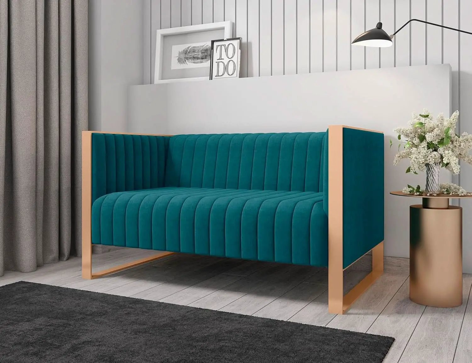 57 Inch Teal Velvet Loveseat For Living Room High Density Foam from PriceLows™