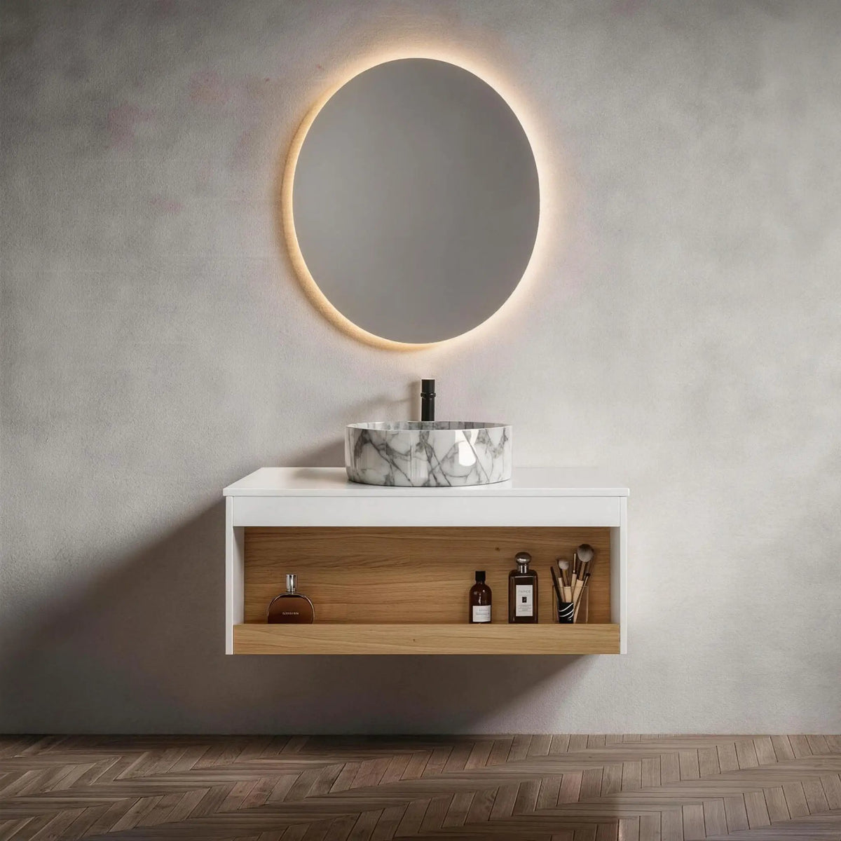 Floating Bathroom Vanity | Wall Mounted | Ceramic Vessel Sink | White