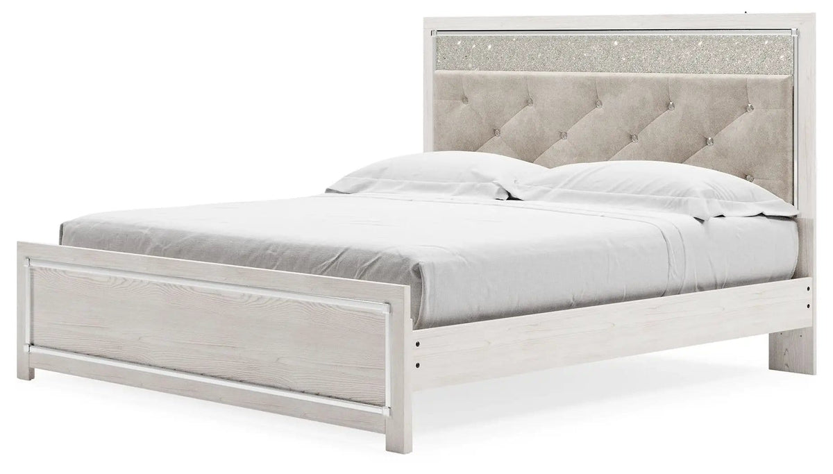 Altyra King Panel Bed With Upholstered Headboard | Panel Bed | Engineered Wood & Polyester | White