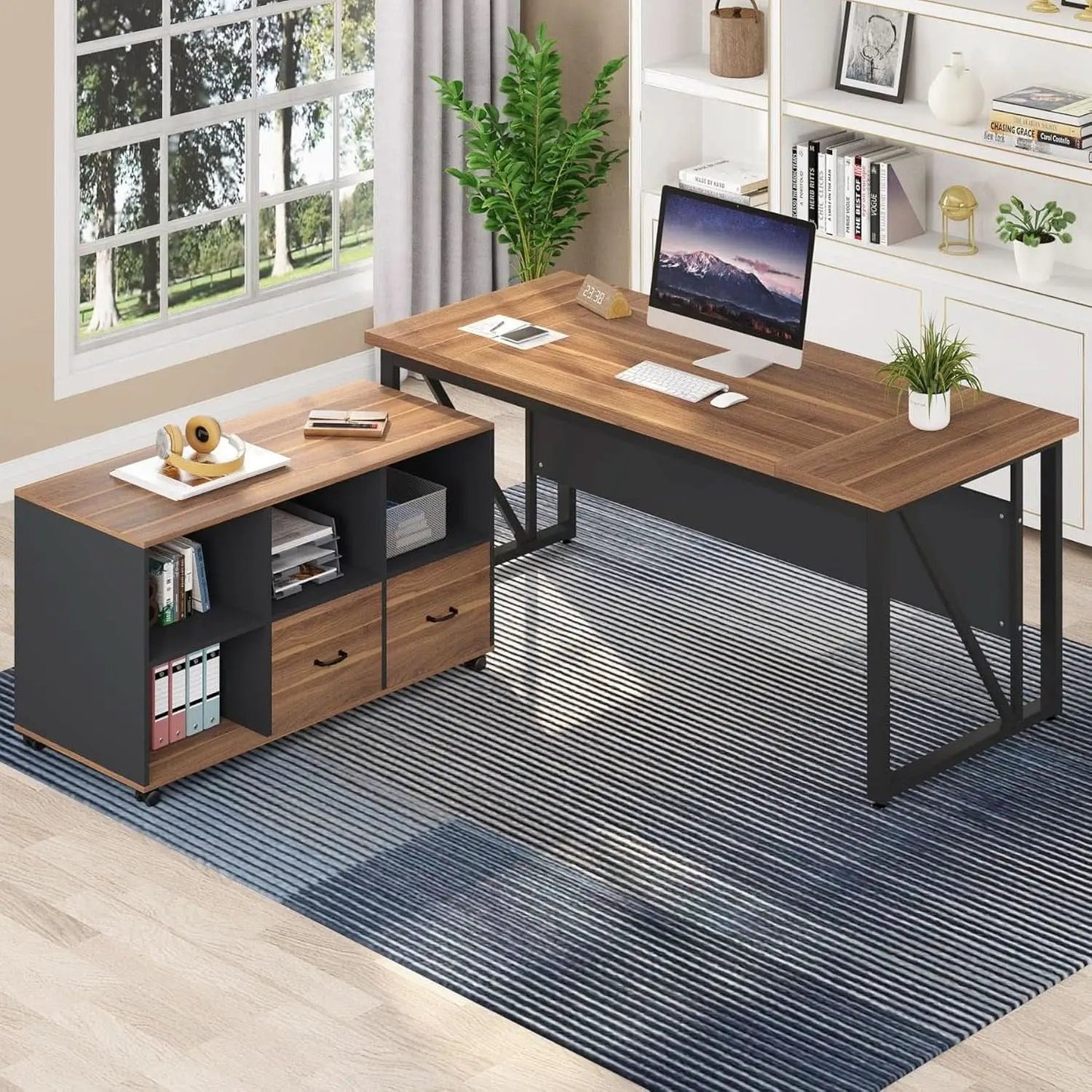 63 Inch L Shaped Desk With 47 Inch File Cabinet Brown Black from PriceLows™