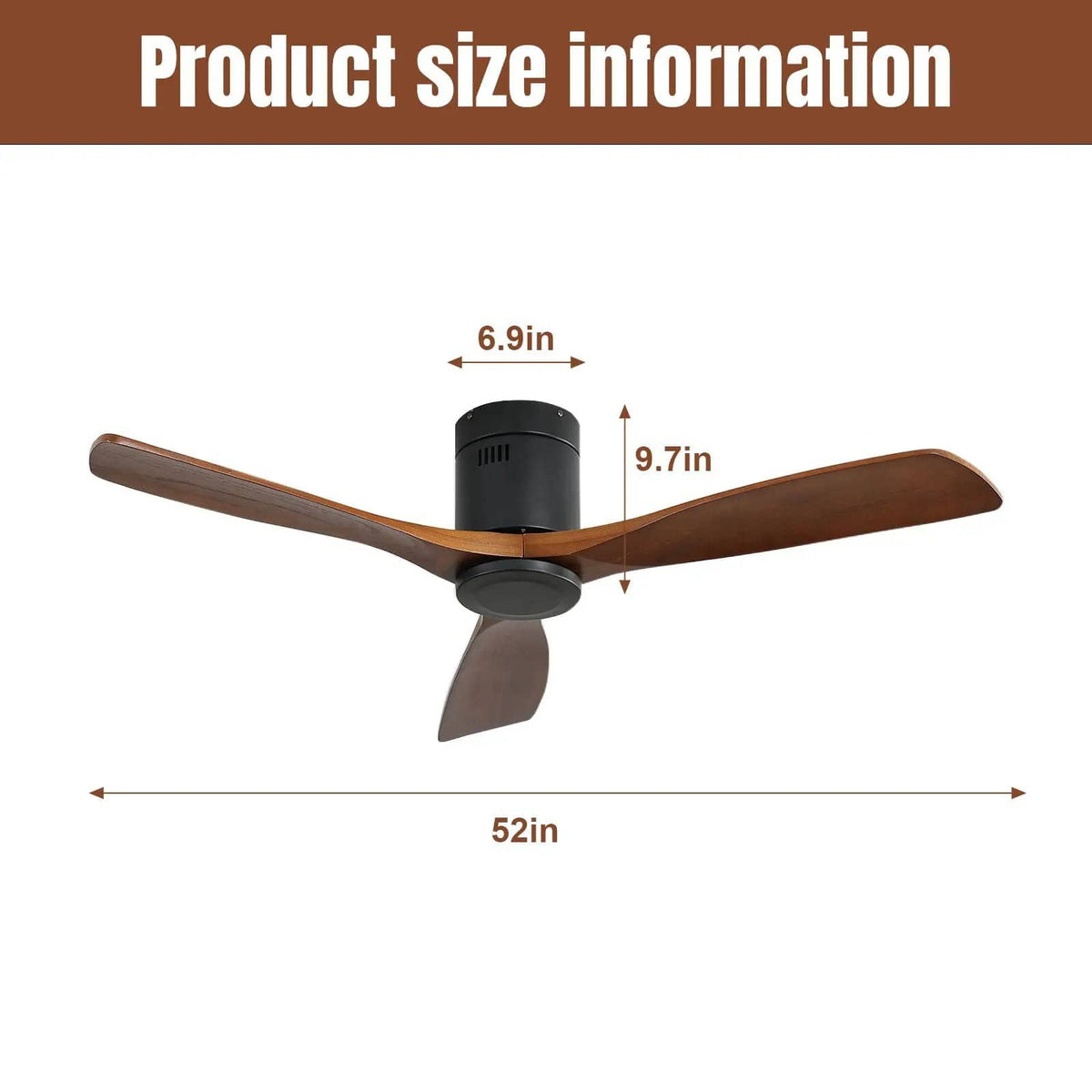 Ceiling Fan With 3 Solid Blades, Remote Controlled Reversible DC Motor - | 52 x 52 x 9.7 in | Solid Wood & Steel | Black