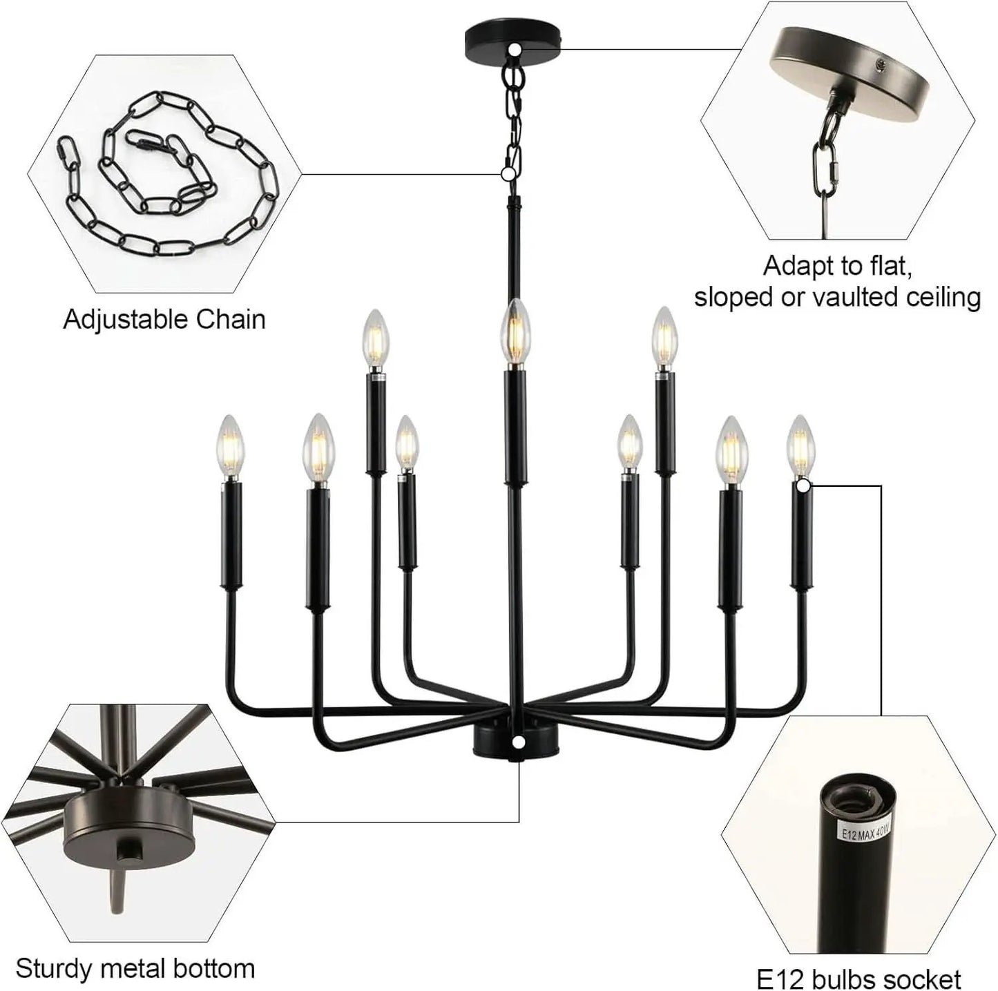 Black Farmhouse Chandelier 9 Light Dining Room Rustic from PriceLows™