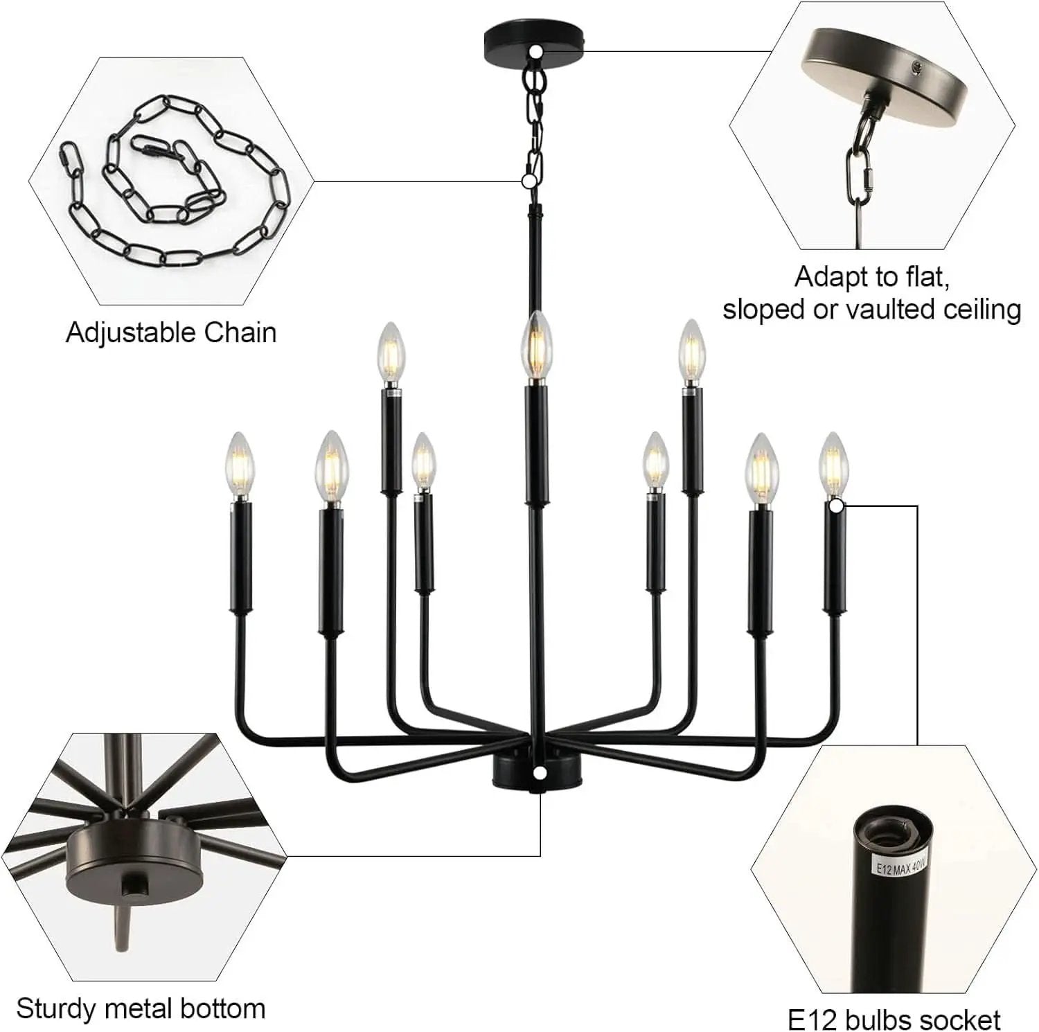 Black Farmhouse Chandelier 9 Light Dining Room Rustic from PriceLows™