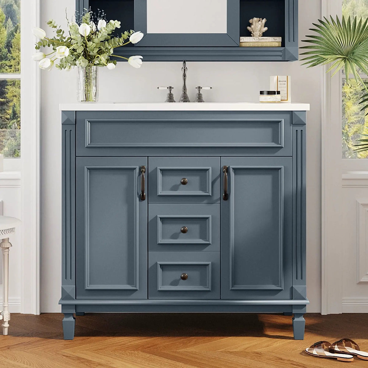 36 Inch Bathroom Vanity With Top Sink | Blue Finish | 2 Soft Closing Doors | 2 Drawers