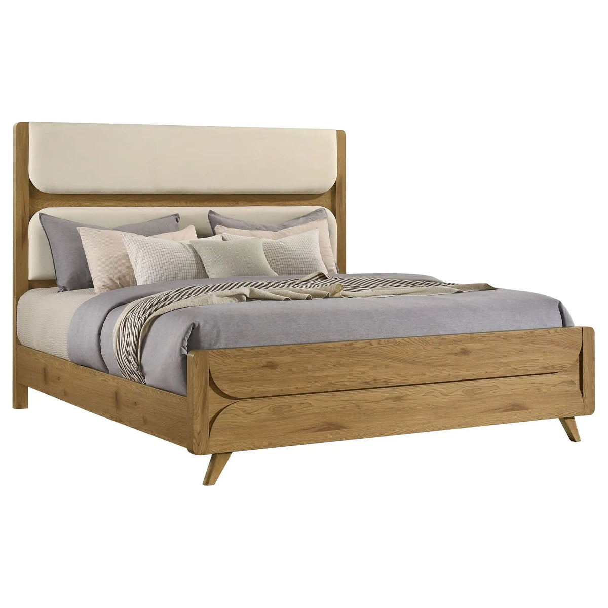 Bennett 78-inch Eastern King Upholstered Panel Bed Cream and | 78.25 x 86.5 x 59 in | Rubberwood & Engineered Wood | Light Oak
