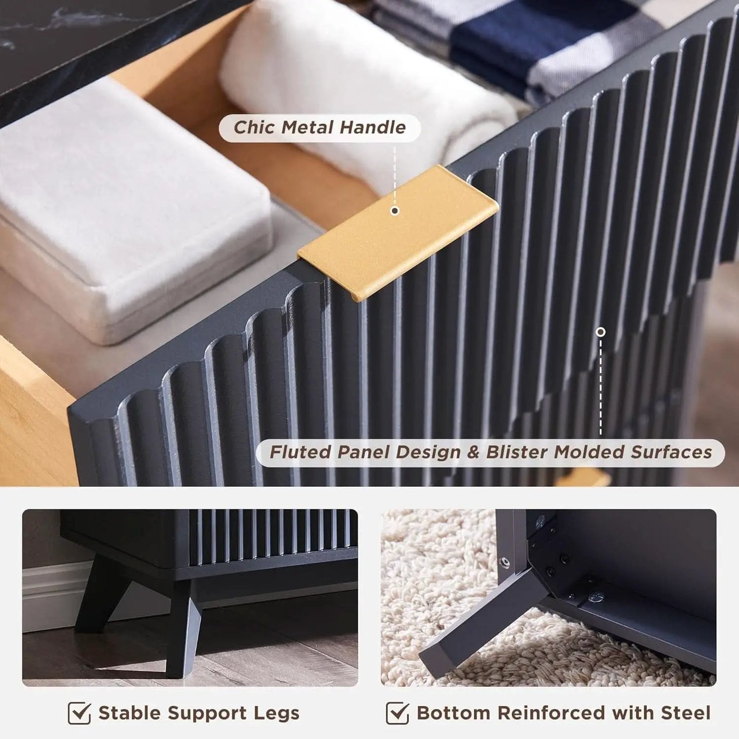 54 Inch Fluted Dresser With Dark Gray Faux Marble Top from PriceLows™