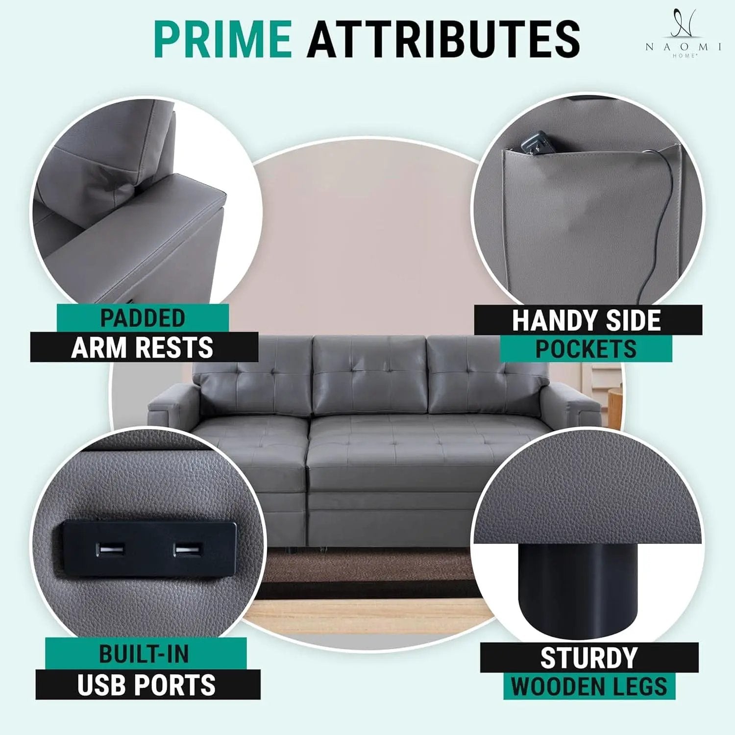 L Shaped Sectional Sleeper Sofa With USB Ports Gray Leather from PriceLows™