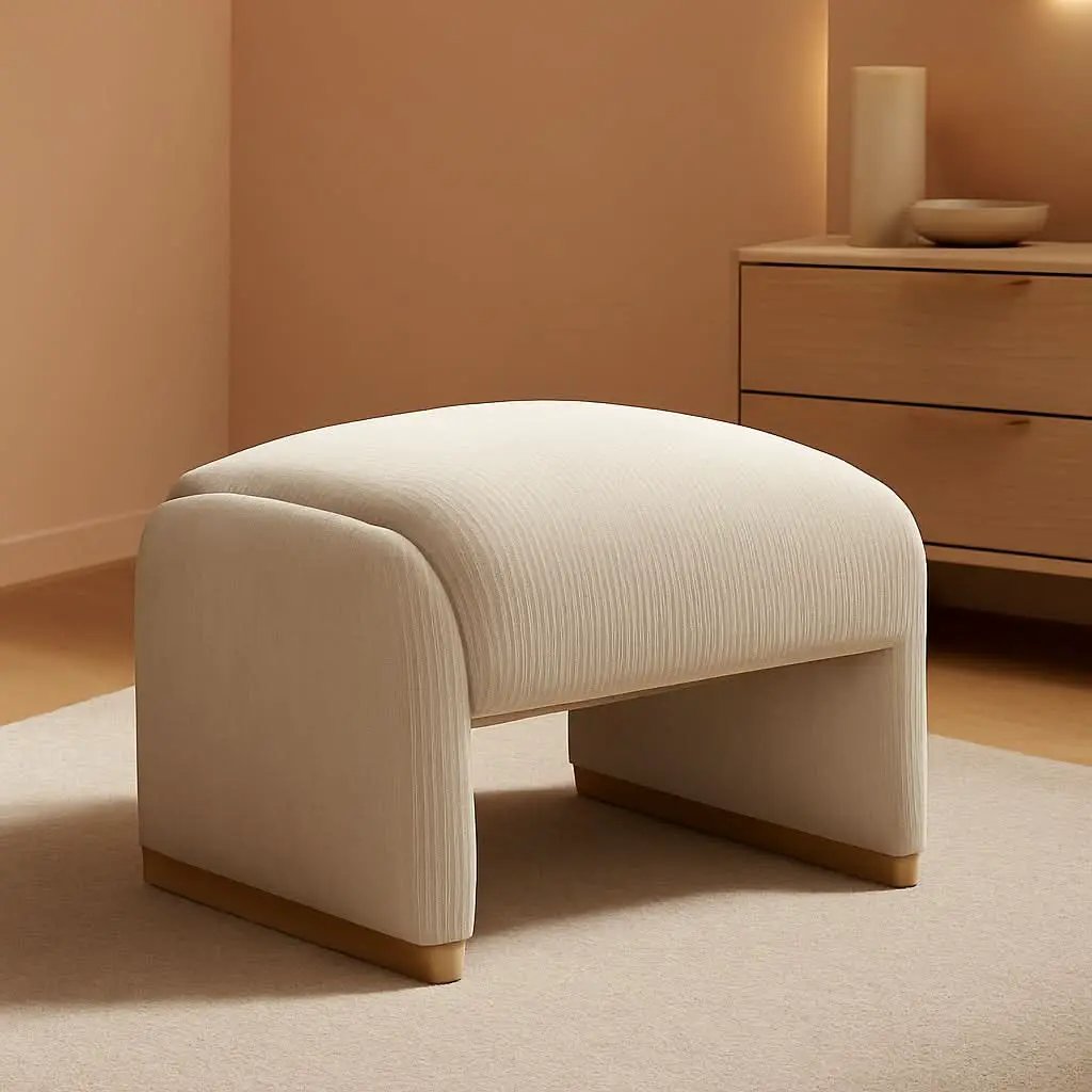 Beige Corduroy Ottoman With Contemporary Wood Legs from PriceLows™
