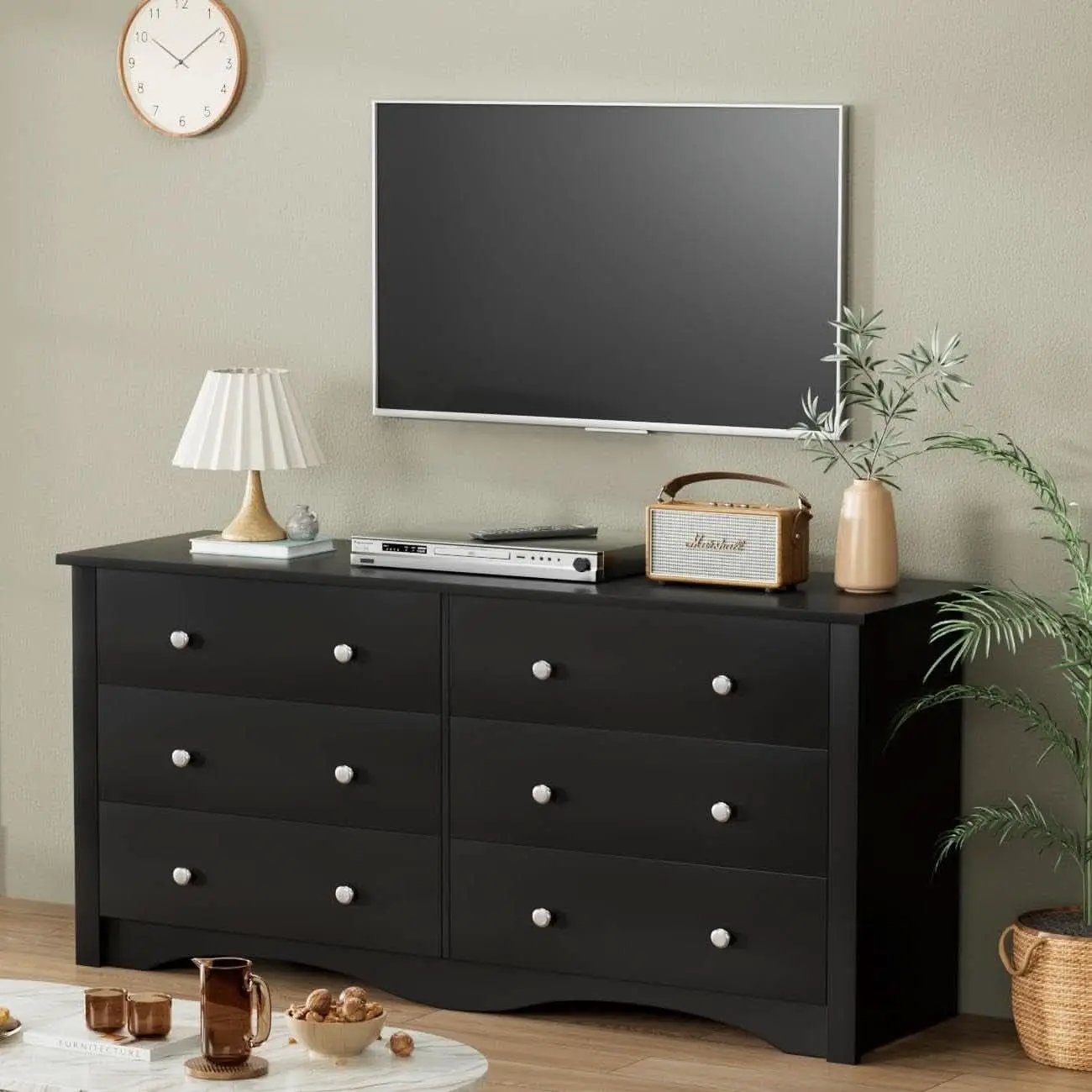 Black Dresser With 6 Drawers And TV Stand Storage Chest from PriceLows™