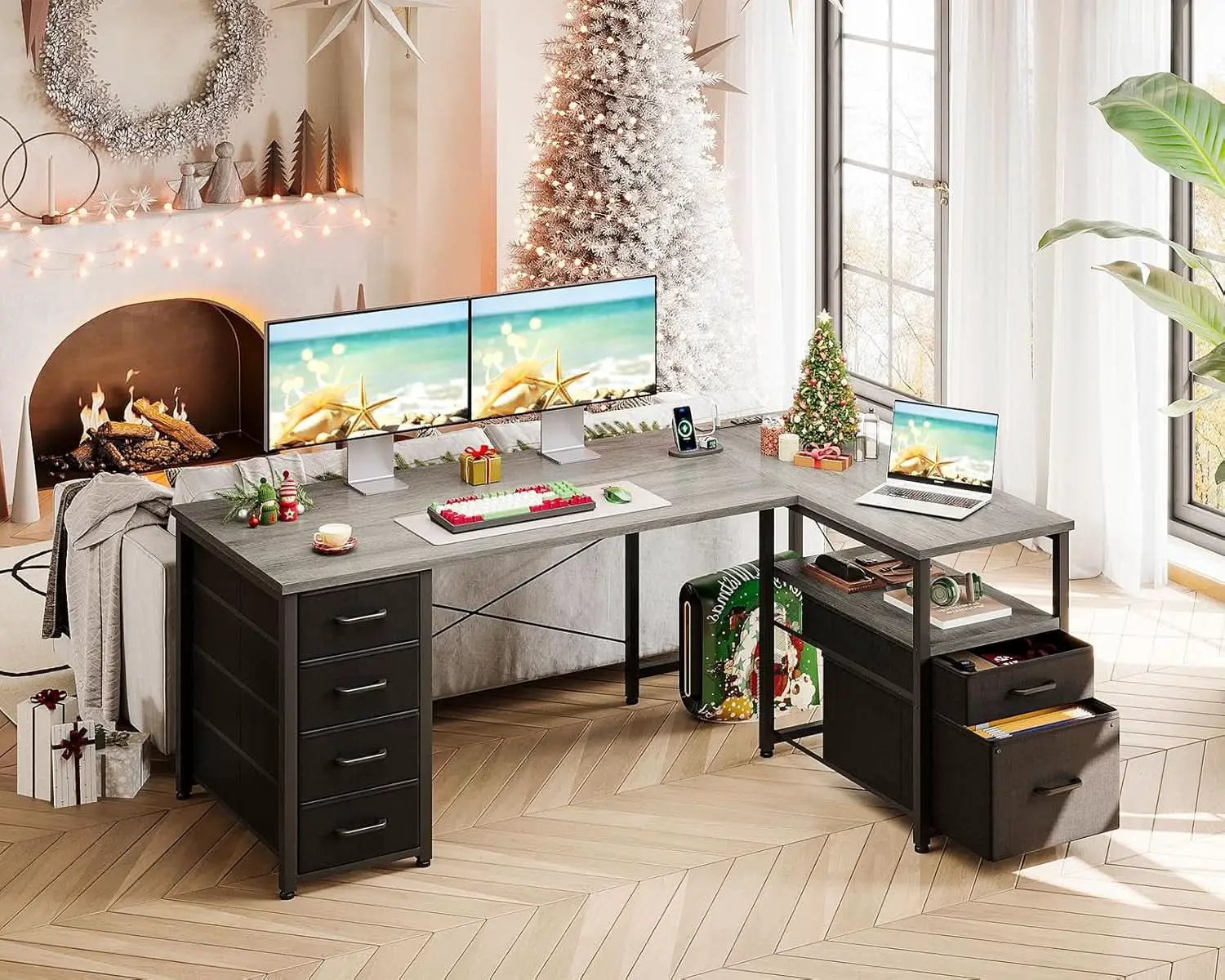 L Shaped Computer Desk With 6 Drawers And Power Outlet from PriceLows™